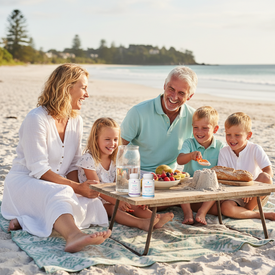 With Grandchildren on the beach with supplement bottle