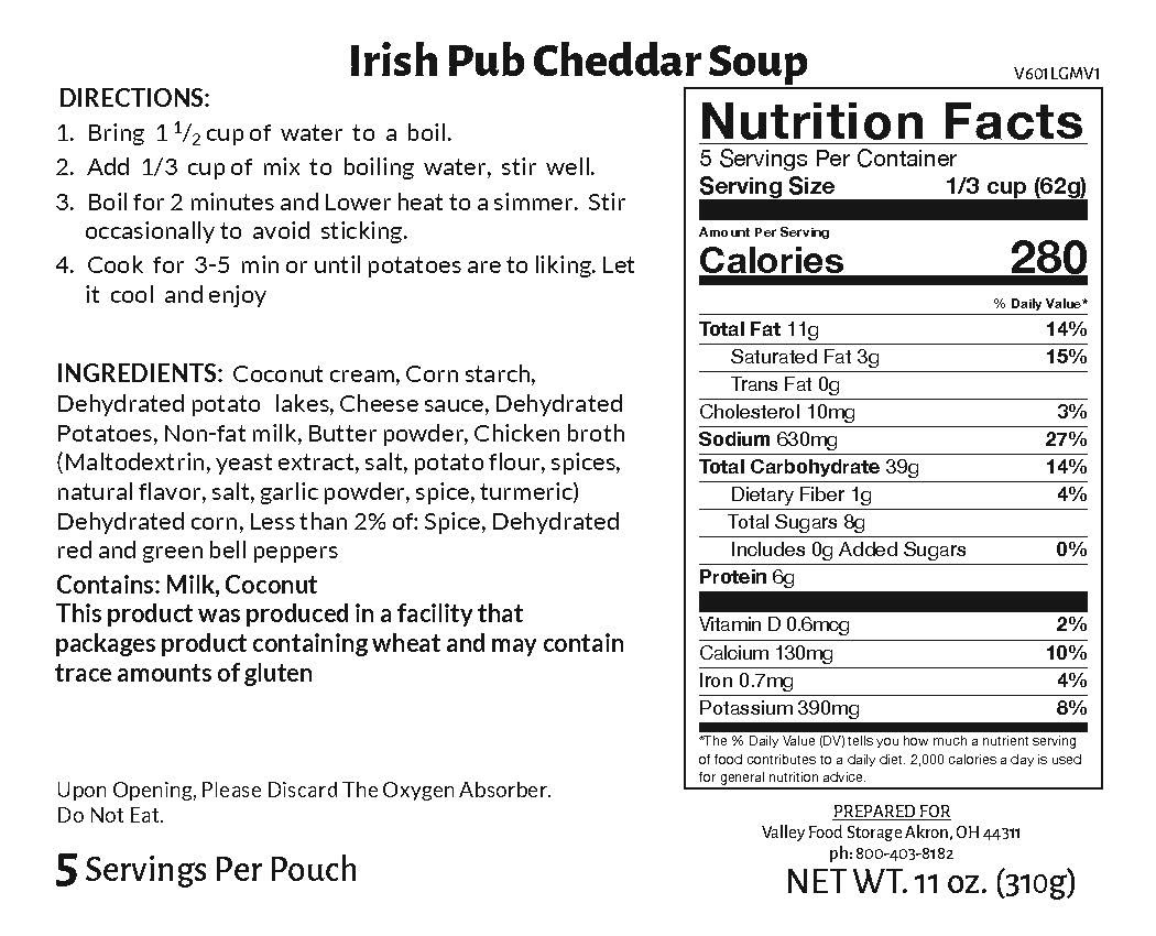 Valley Food Storage Irish Pub Cheddar Soup Long Term Food Storage Nutrition Label
