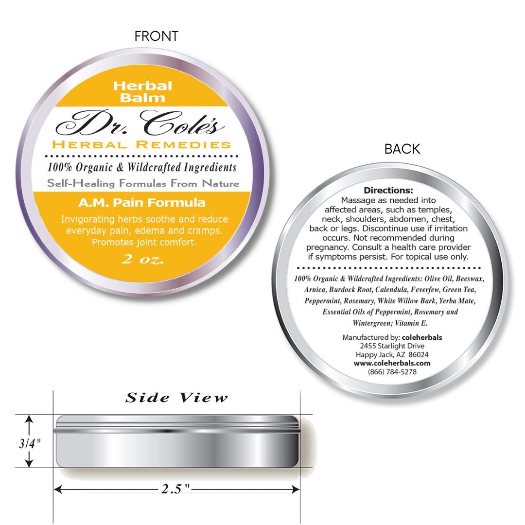 Dr. Cole's A.M. Pain Balm front, back and side views