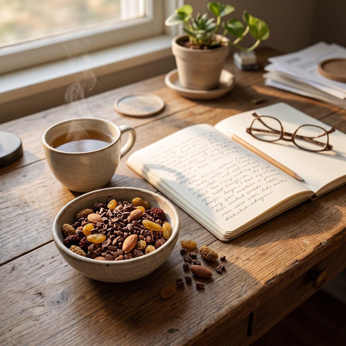 Afternoon trail mix with cacao nibs beside a notebook and herbal tea