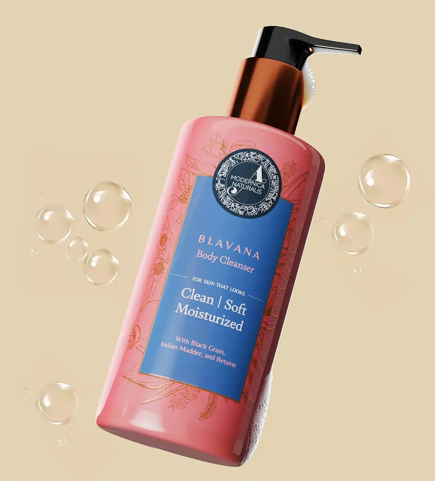 The image shows a Blavana cleanser bottles with bubbles around it.