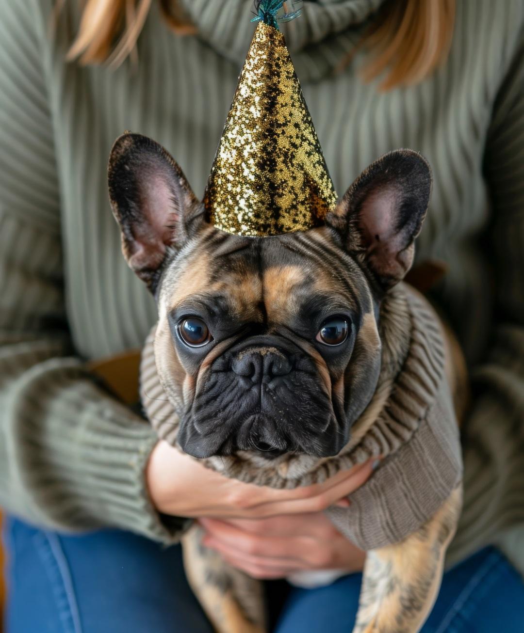 A small dog happily wears a gold party hat, looking festive and ready to celebrate.