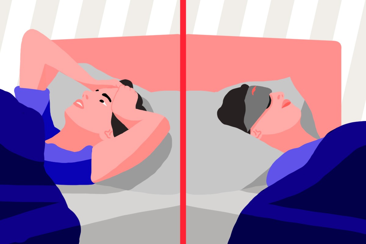 A man with racing thoughts awake in bed holding his head. The same man sleeping peacefully in bed wearing a weighted sleep mask for anxiety.