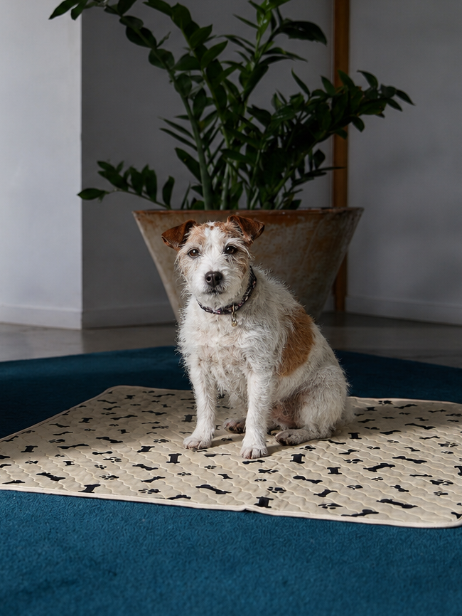 A small white-and-brown terrier sitting calmly on top of a cream-colored reusable Potty Buddy beige pad with black bone and paw-print patterns.