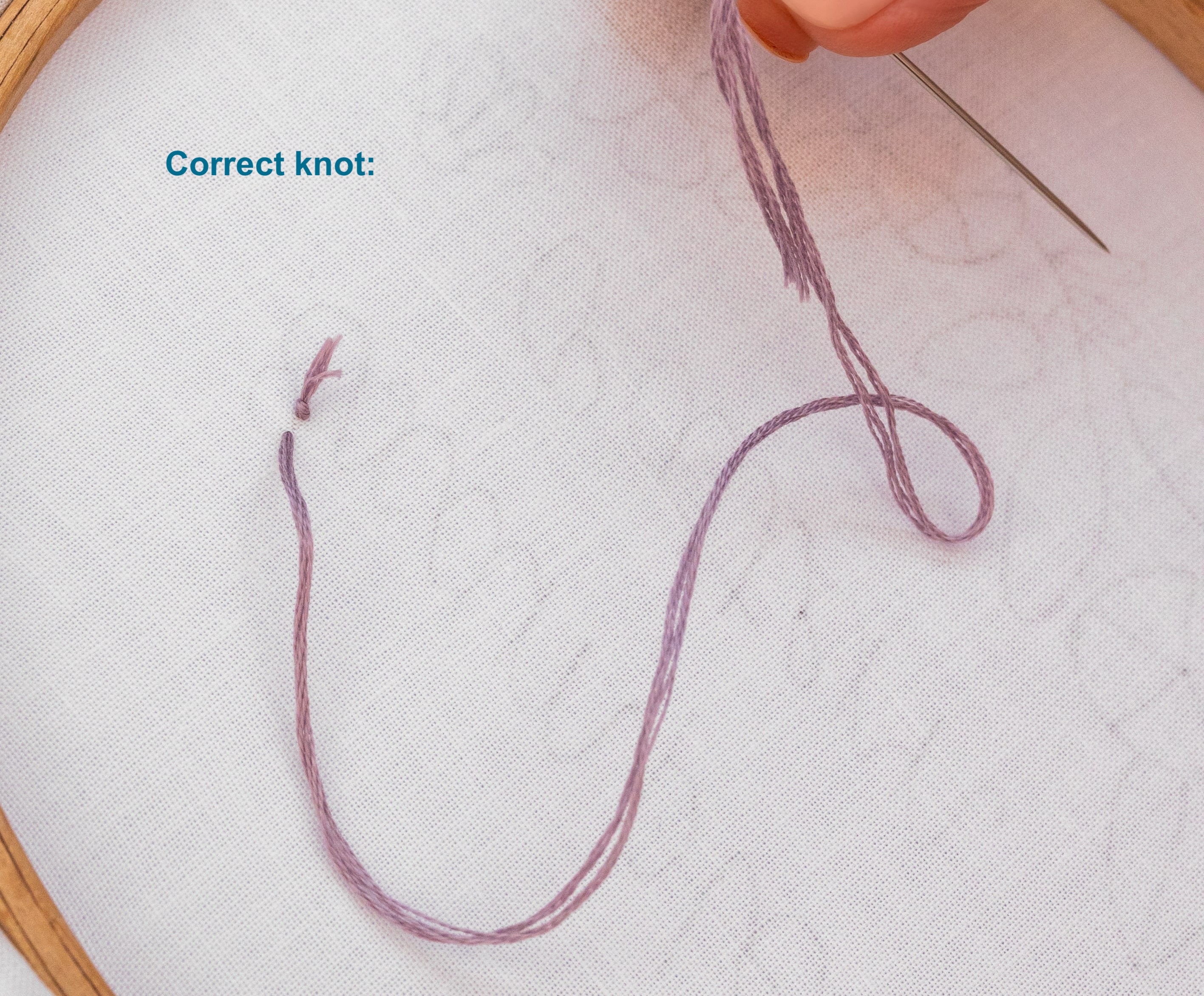 This is an image of a correct knot at the back of an embroidery pattern.