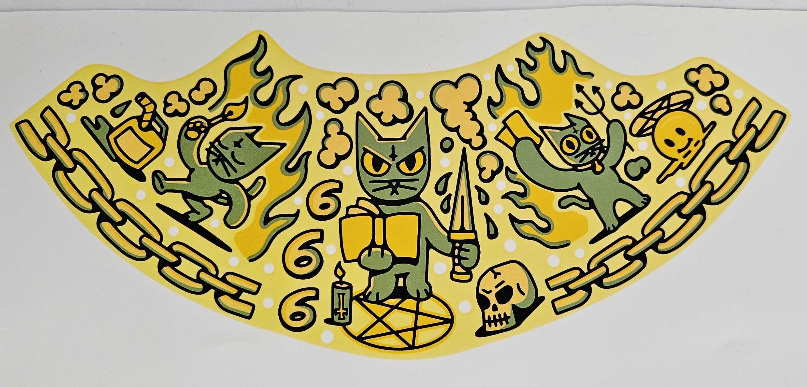 A raw, unfired 666 Cat kiln-fire glass decal wrap before application to a beaker bong. The design features yellow temporary covercoat which disappears during the firing process to create a permanent, fused glass finish for the custom 3D bong builder.