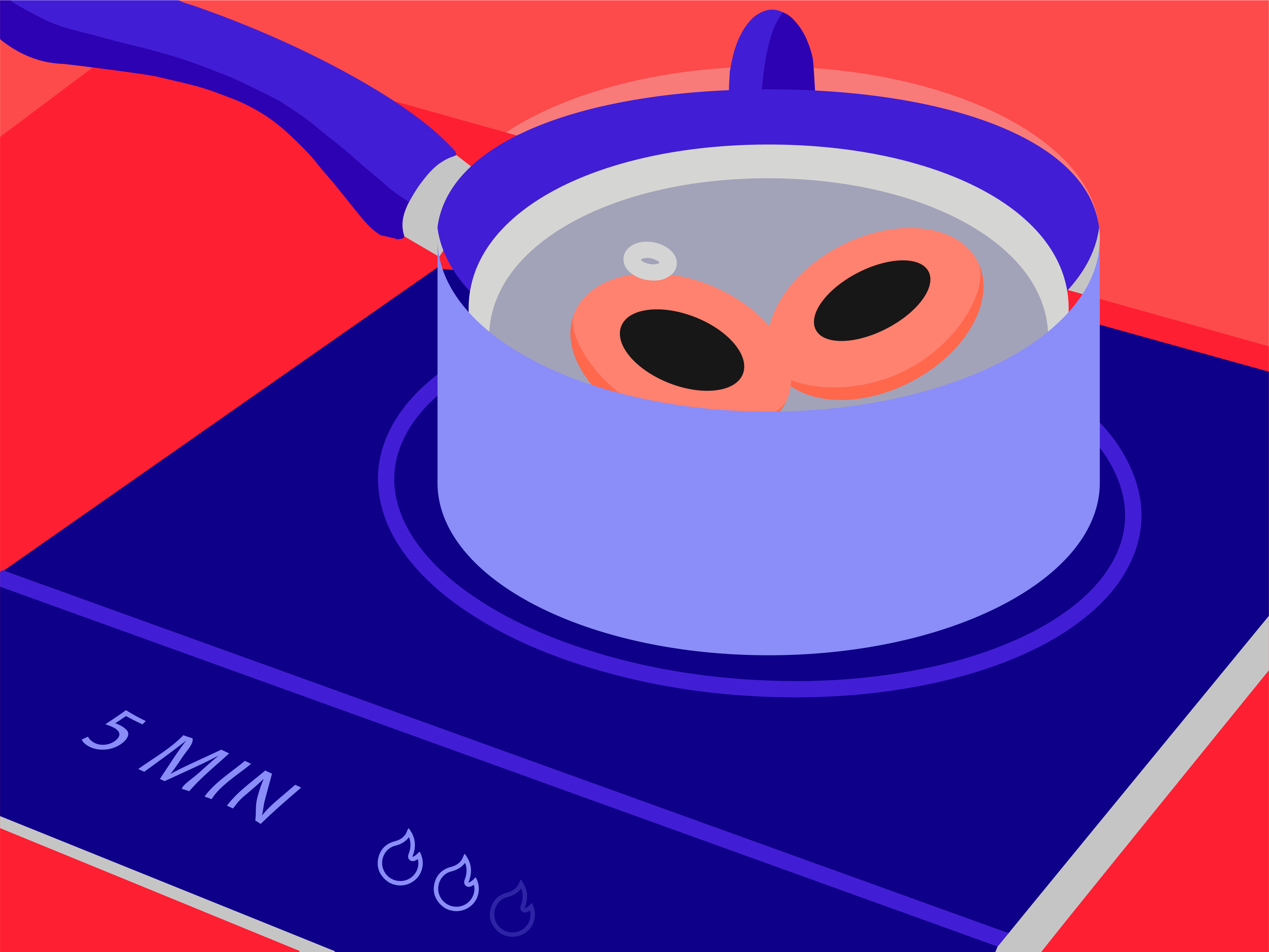 Two orange steam eye cups inside a bowl, which is inside a cooking pot on top of an induction stove with the timer set to 5 minutes.