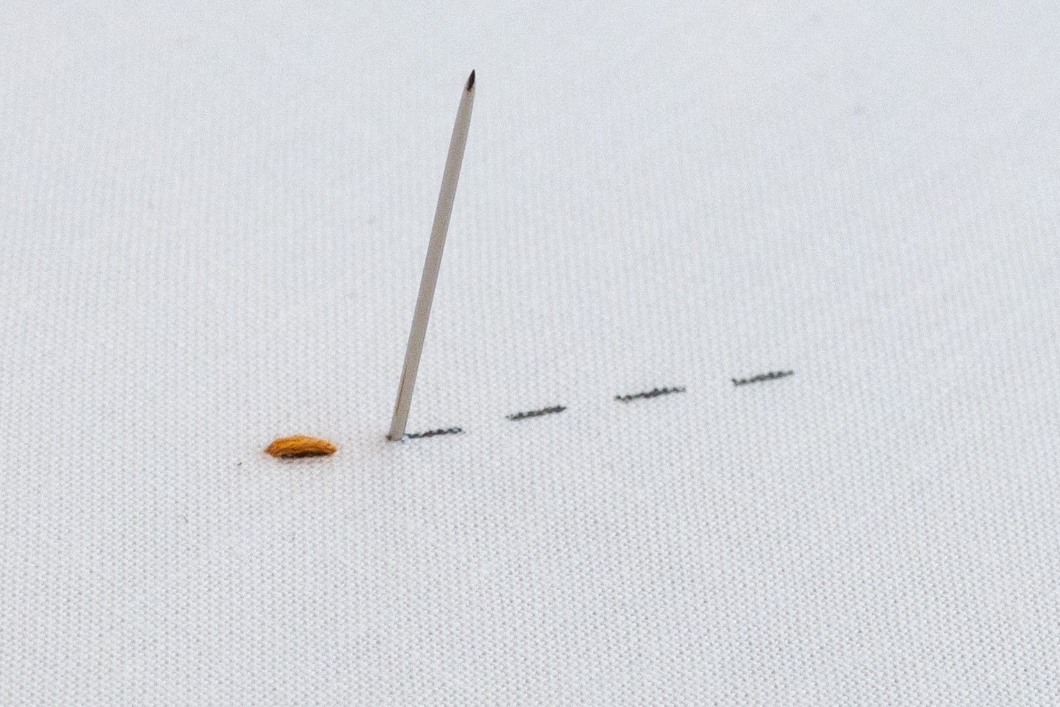 A stitch pokes down a stitch length ahead.