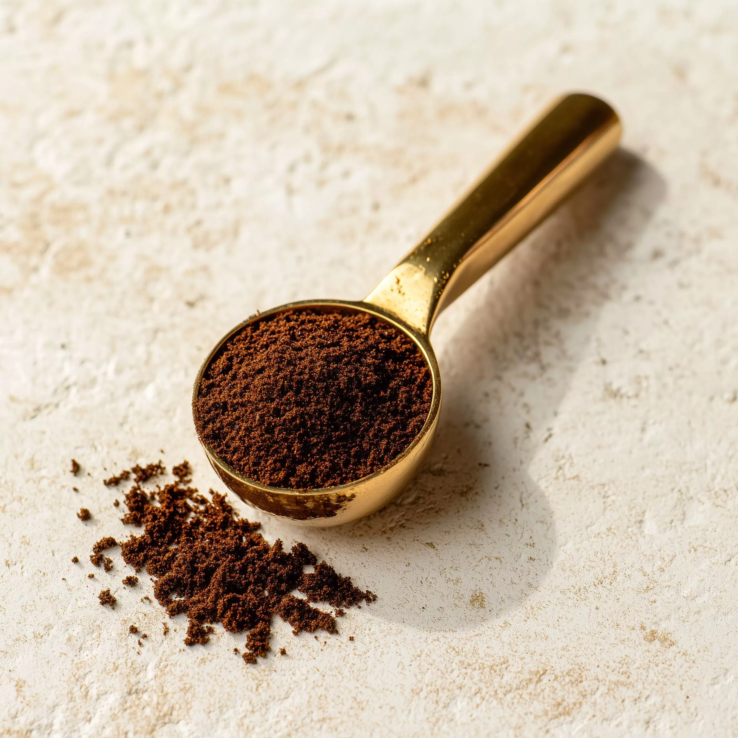 Golden scoop with fine drip-ground coffee on a light textured background for the Drip Ground Coffee category.