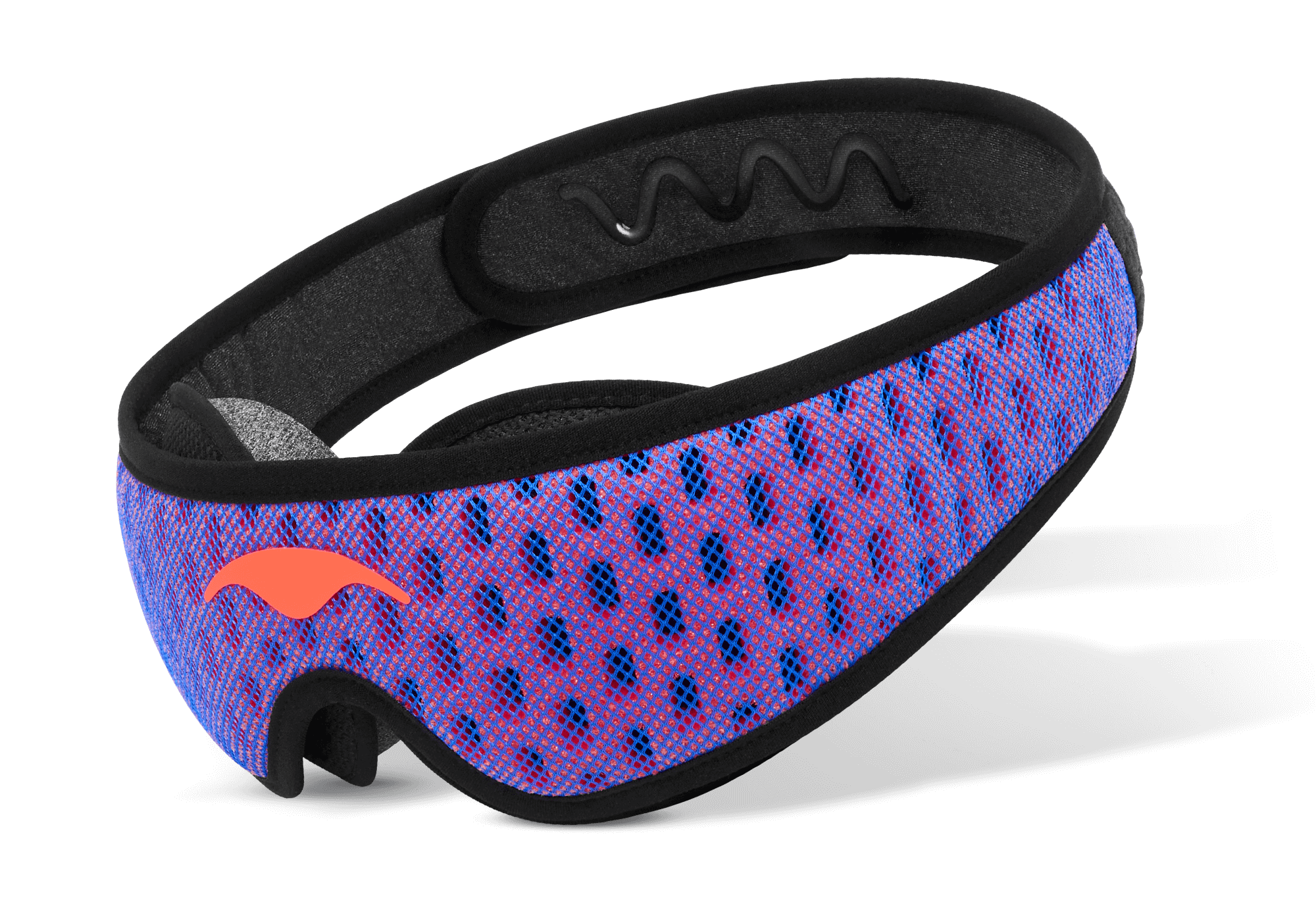 A blackout sleep mask for side sleepers with a perforated head strap and c-shaped eye cups.