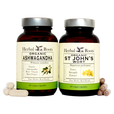 Bottle of Herbal Roots organic Ashwagandha and Organic Saint John's Wort next to each other