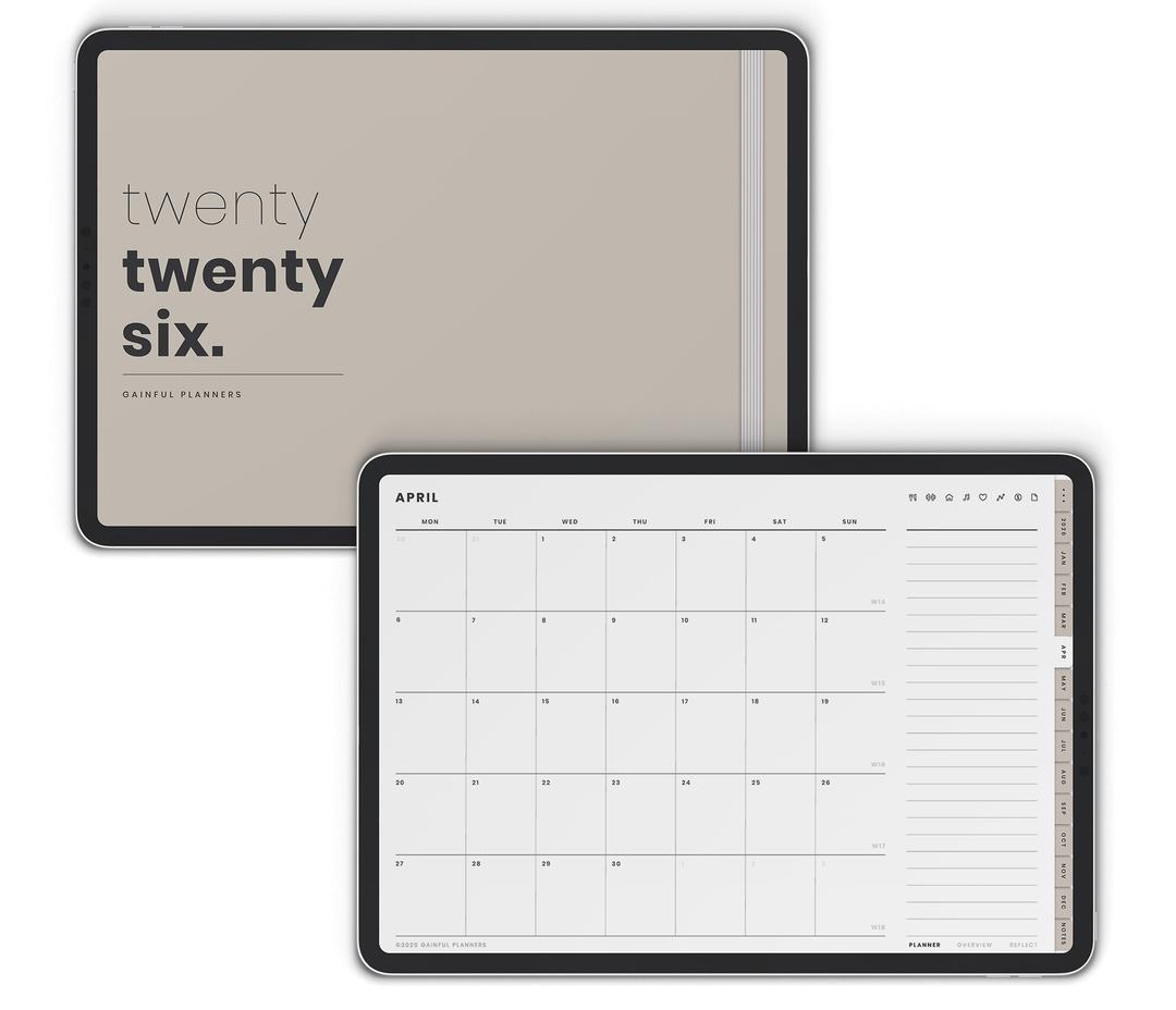 Calendar planner with 'twenty twenty six' branding on a white background