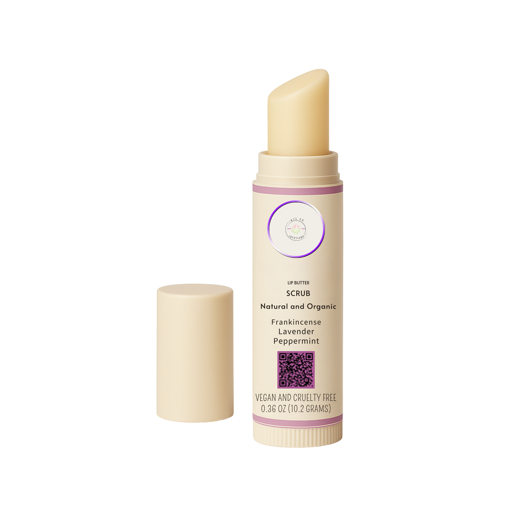 AJ’s EO Infusions Lip Butter Scrub in clear jar with creamy texture, handcrafted with lavender, peppermint, and frankincense essential oils for smooth lips.