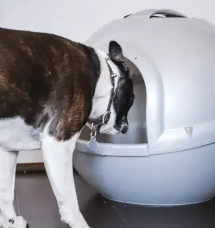 a black and white dog looking into a litter box