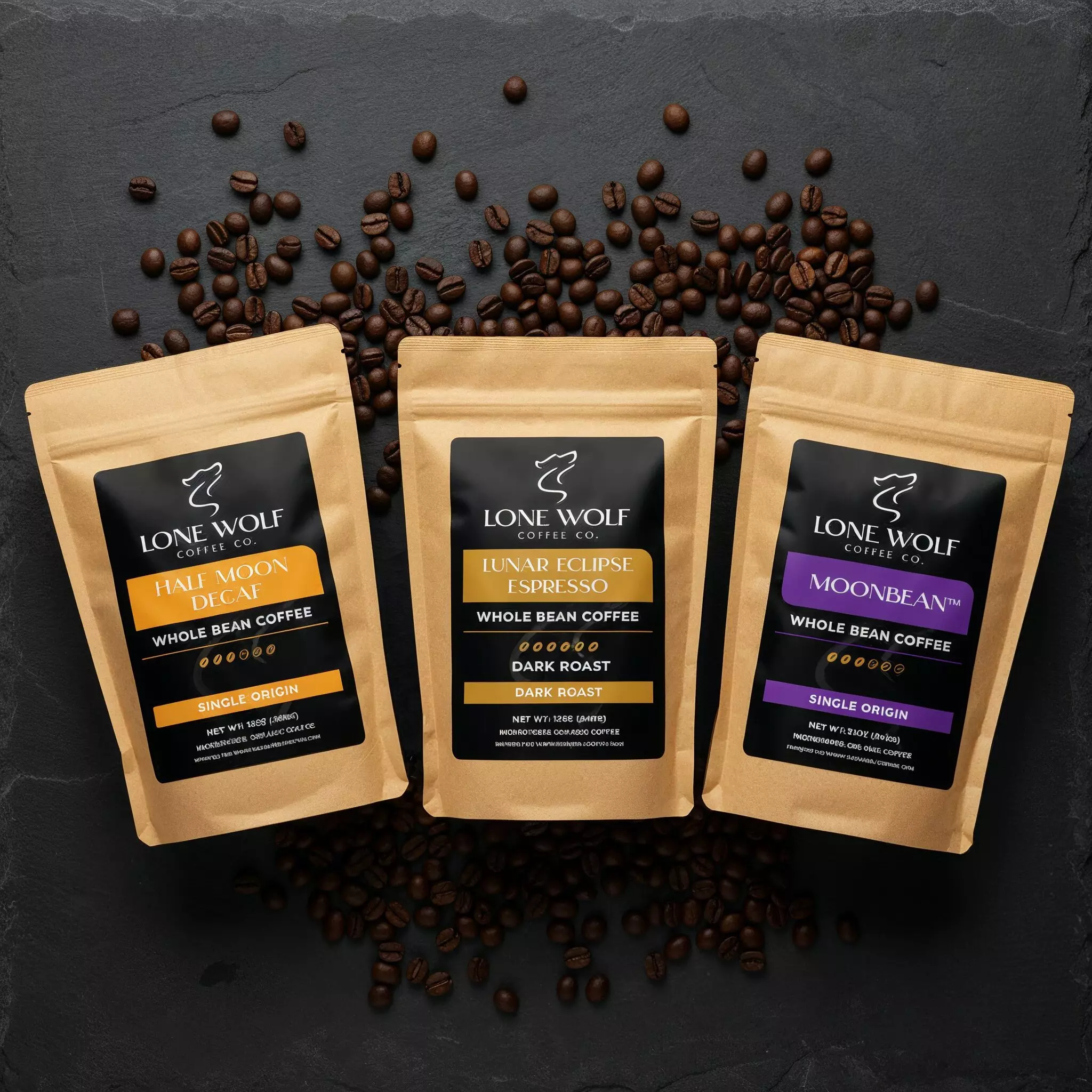 Lone Wolf Coffee best-selling whole bean coffee bags displayed on a dark background with scattered beans.