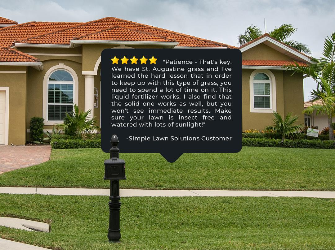 lawn photo with 5 star review "this liquid fertilizer works." simple lawn solutions customer