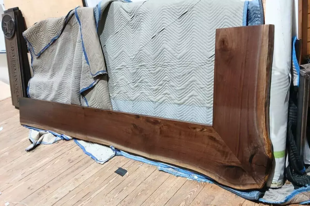 Live edge walnut slab prepared for custom countertop installation