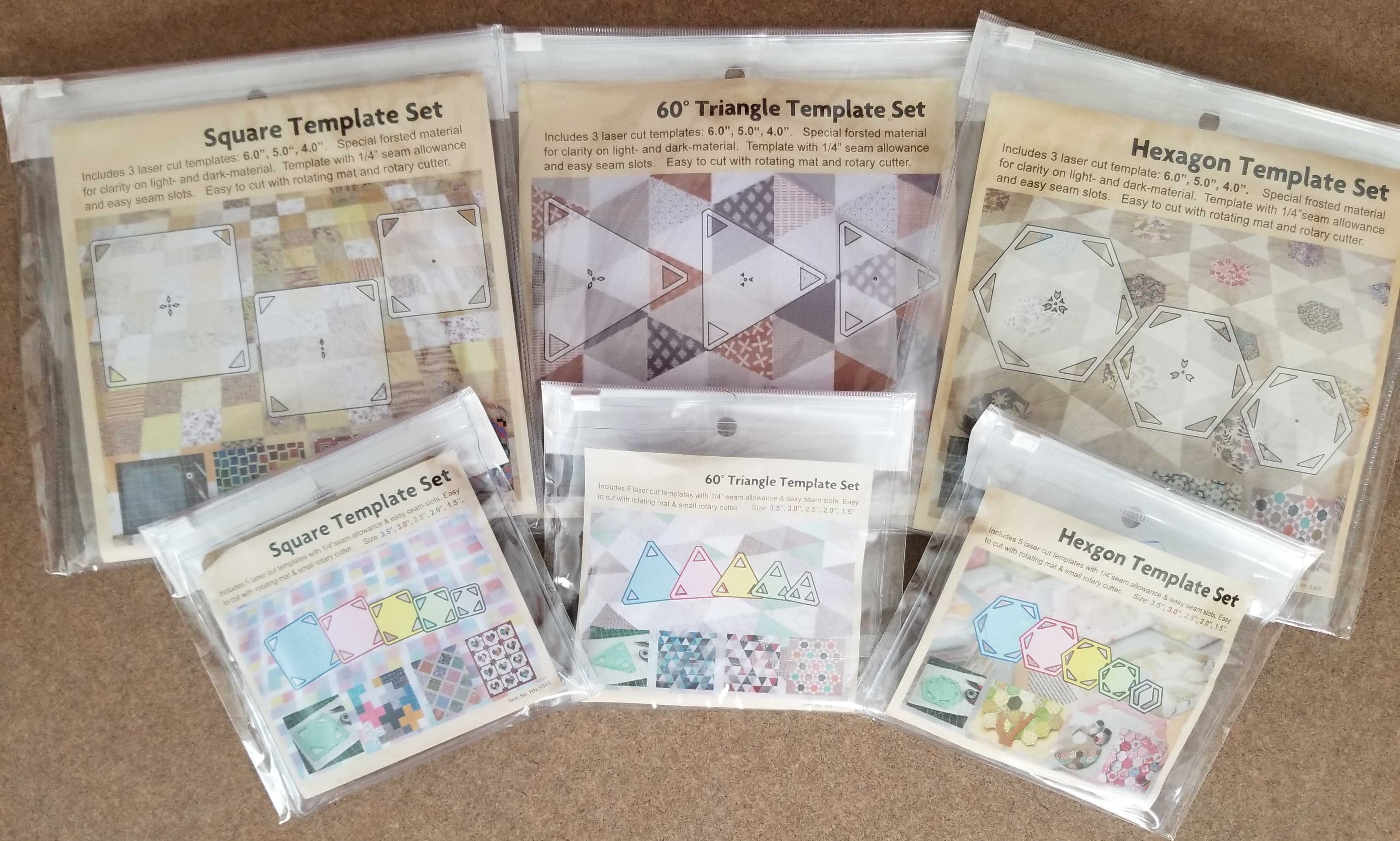 Square, 60 Degree Triangle and Hexagon Quilting Template Sets in Big and Small Sizes.