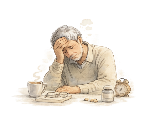 Older man looking fatigued while sitting at a table with coffee, illustrating low energy and exhaustion