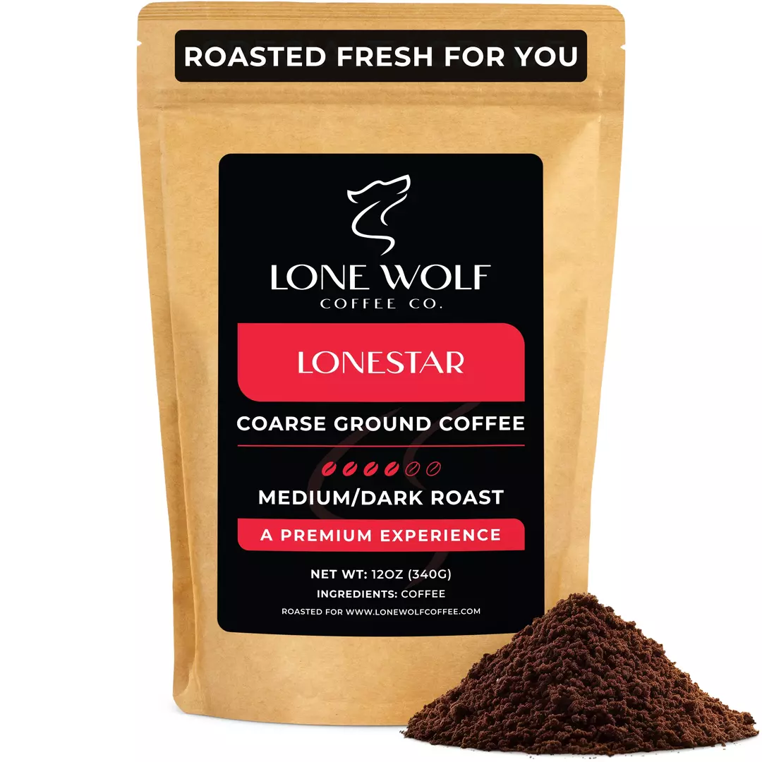 One 12oz bag of Lone Wolf Coffee’s Lonestar Medium-Dark Roast Coarse Ground coffee bag product photo