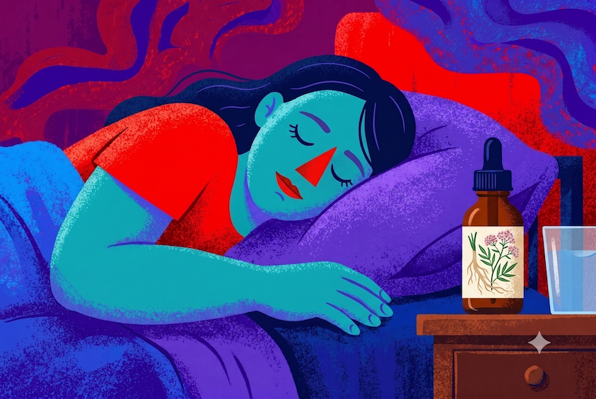 Woman sleeping peacefully beside a bottle of valerian root for sleep on her nightstand.