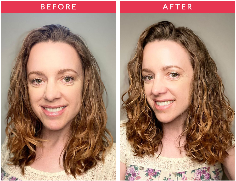 woman smiling at before and after results of using Kerotin's Curl Refresher Spray