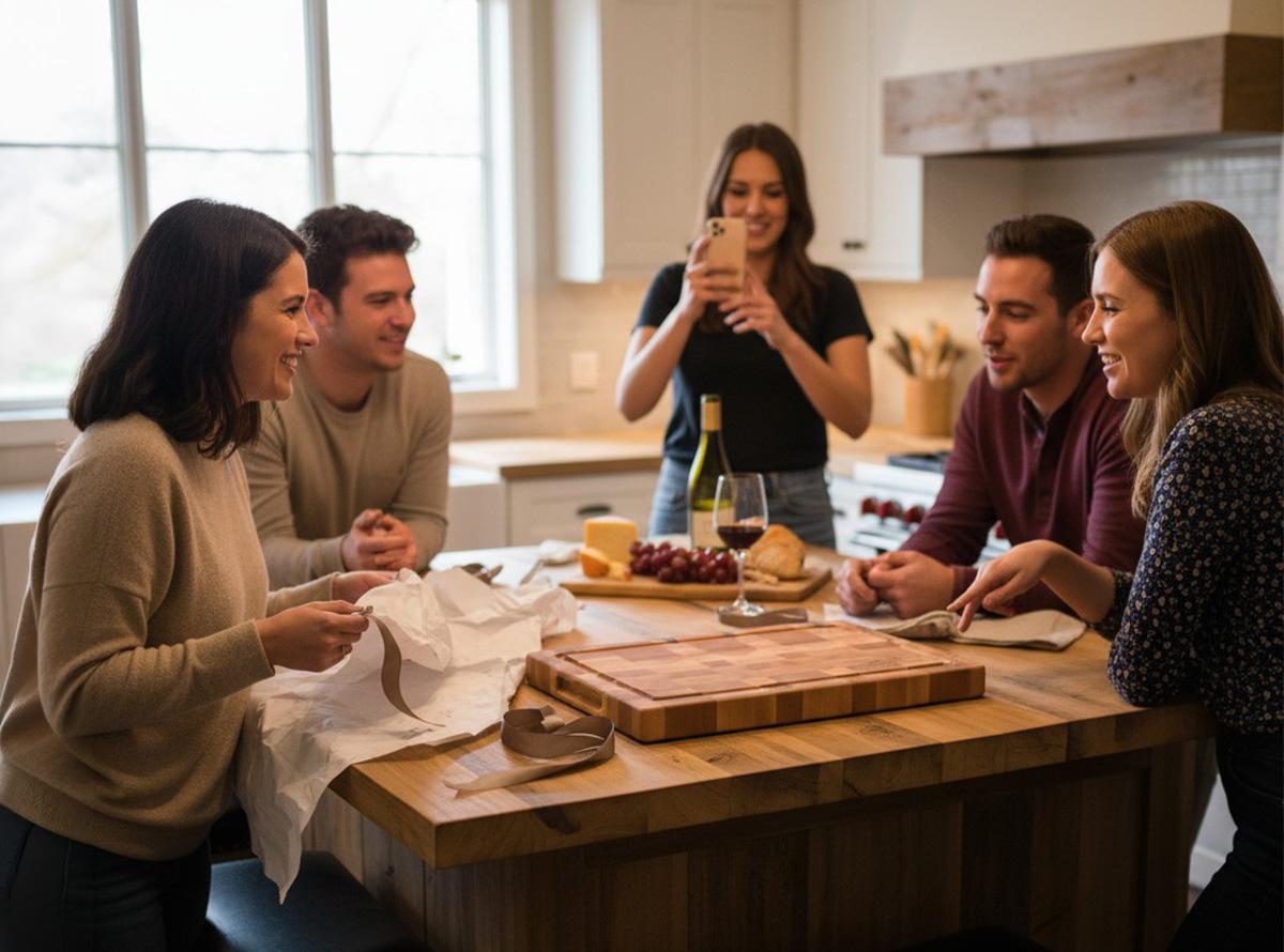 Friends giving a personalized live edge walnut charcuterie board as a housewarming gift