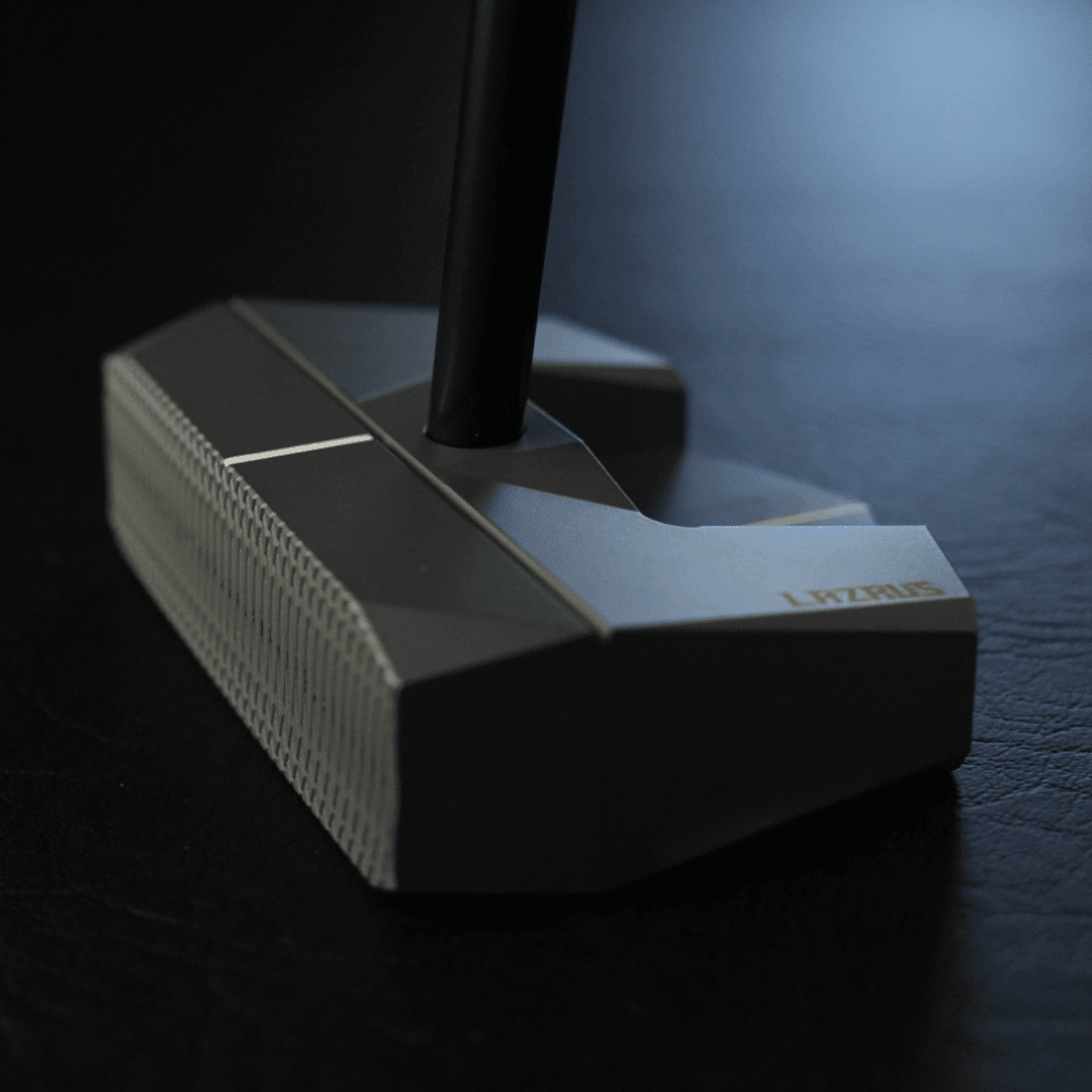 Lazrus LAZ2.5 zero torque mallet putter in Red finish showing face of the club with screws, logo and milled face
