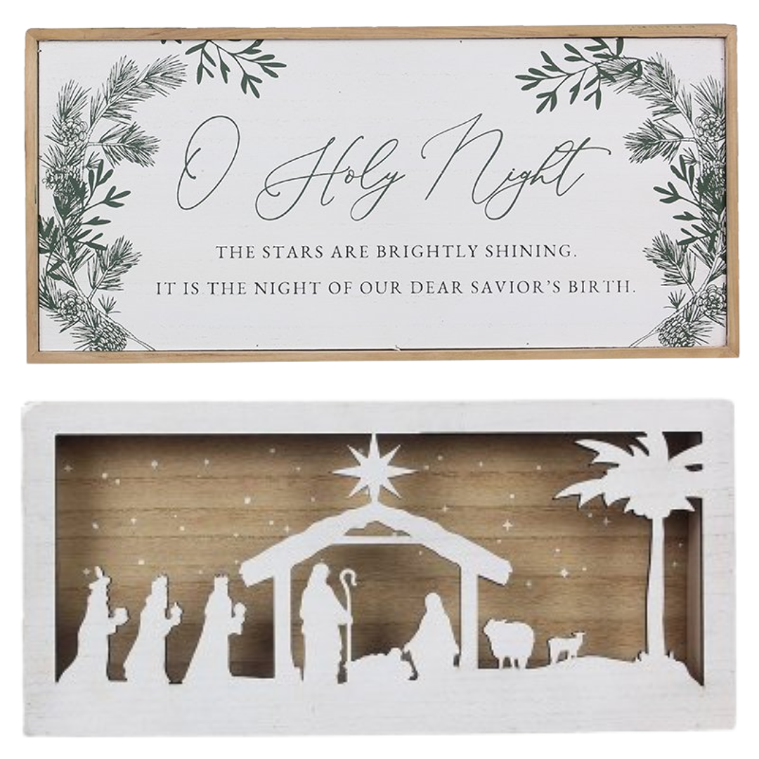 wooden nativity scene with lyrics from O Holy Night on back