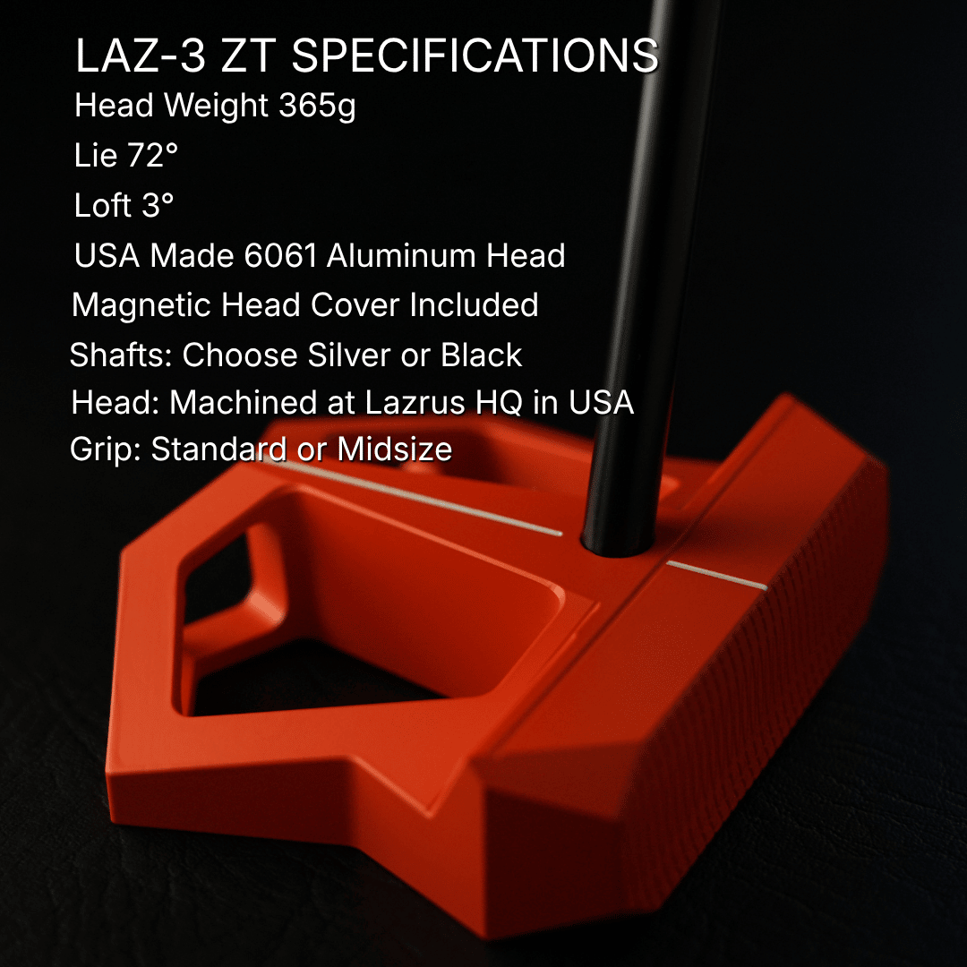 Specifications chart for Lazrus LAZ3 zero torque mallet putter including loft, lie, length and head weight