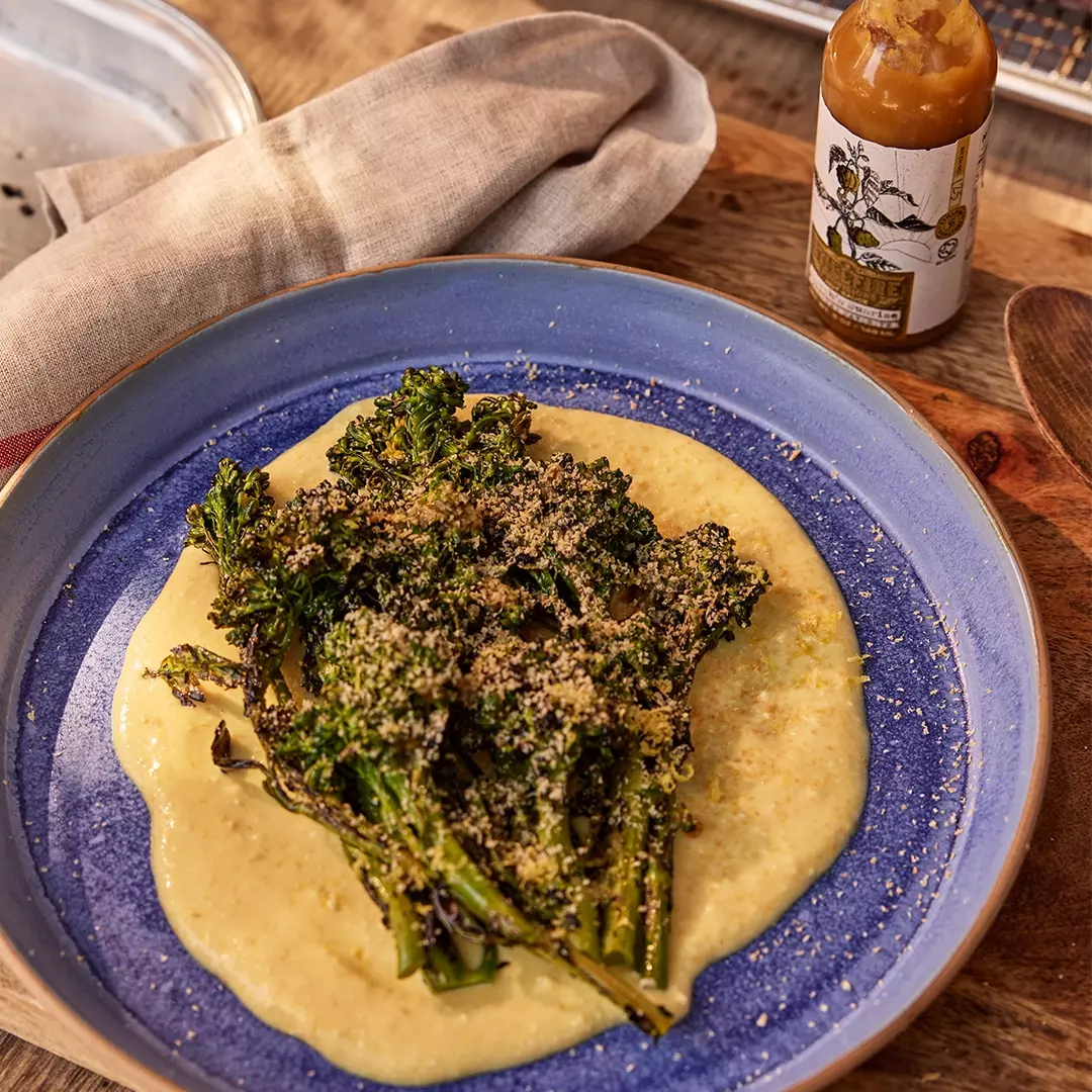 Grilled Broccolini with Scorch’n Sunrise, Aji Jobito Ricotta, and Marcona Almonds