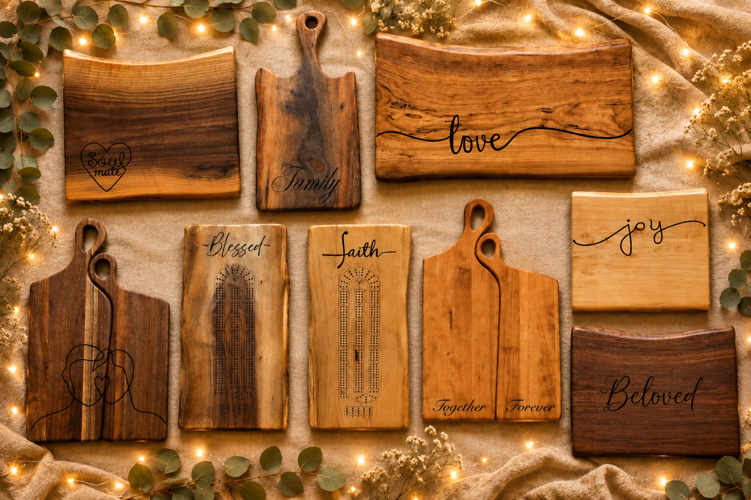 Custom Anniversary personalization gift engraving ideas on a variety of wooden boards shapes and sizes.