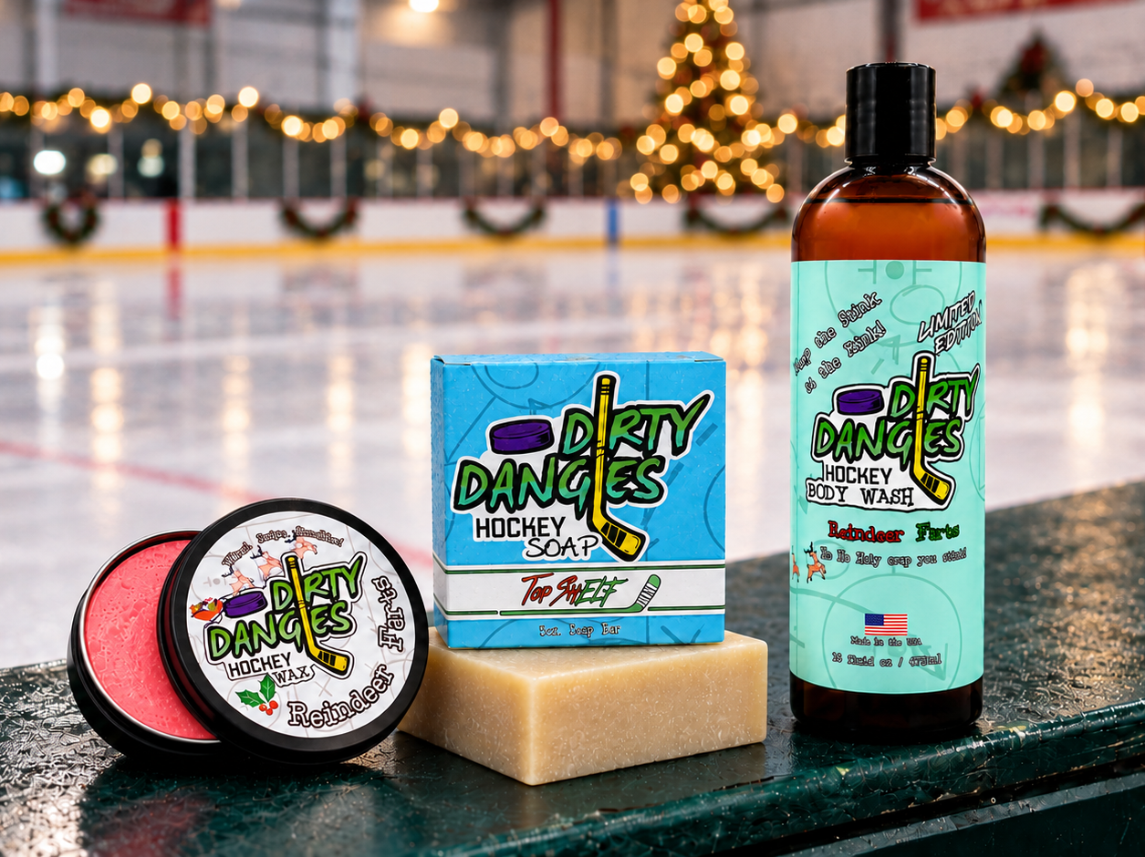Dirty dangles reindeer farts hockey wax, top shelf hockey soap bar and reindeer farts peppermint body wash on ice rink board with christmas decor