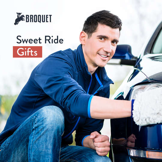 man cleaning his car and smiling, broquet logo, text reads: Sweet Ride Gifts