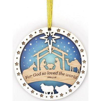 For God so loved with world with carved nativity wood scene
