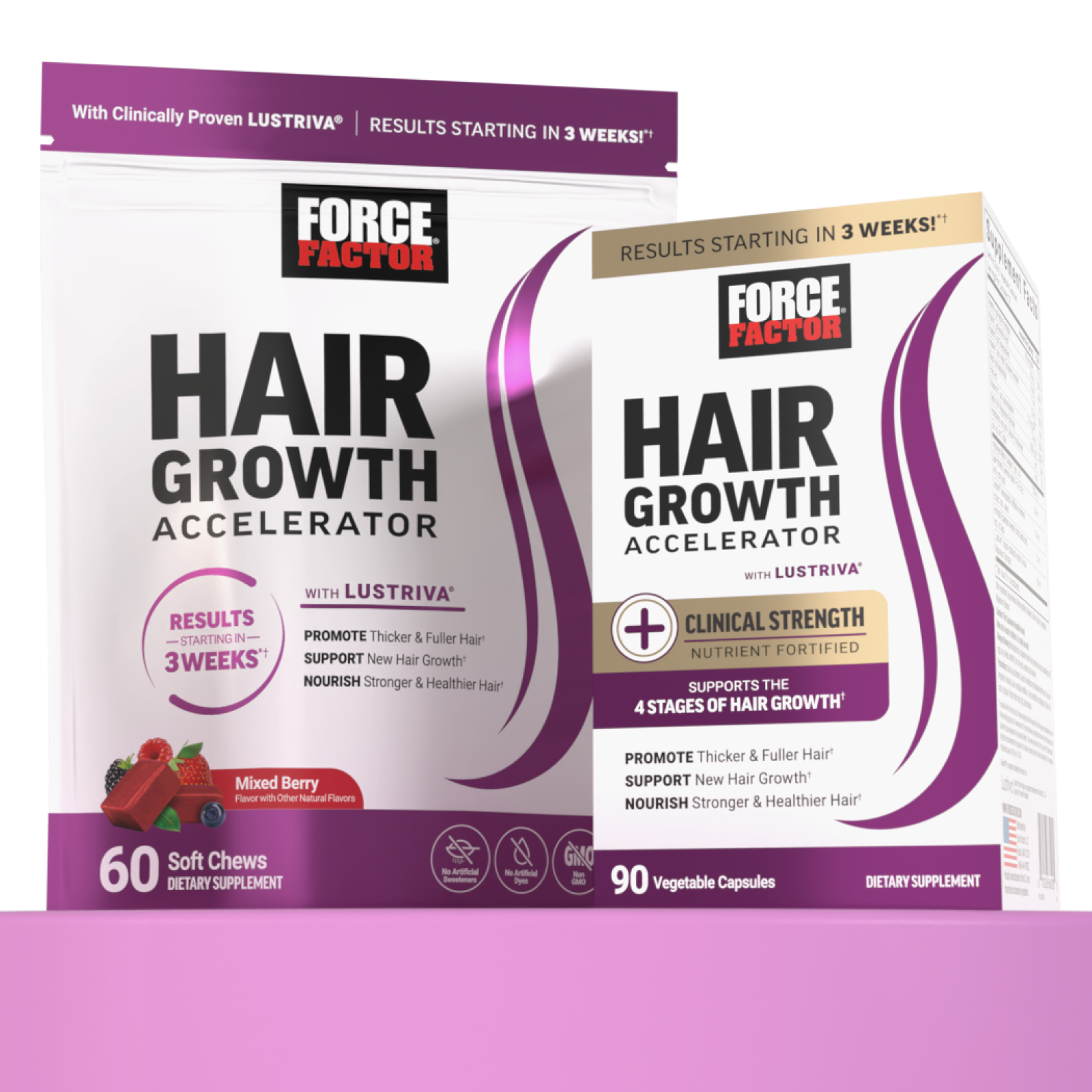 Force Factor Hair Growth Acclerator Soft Chews and Capsules; hair growth vitamins, hair growth supplement, lustriva