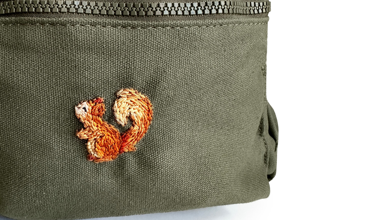 A squirrel embroidered in long and short stitch on the pocket of an olive green backpack.