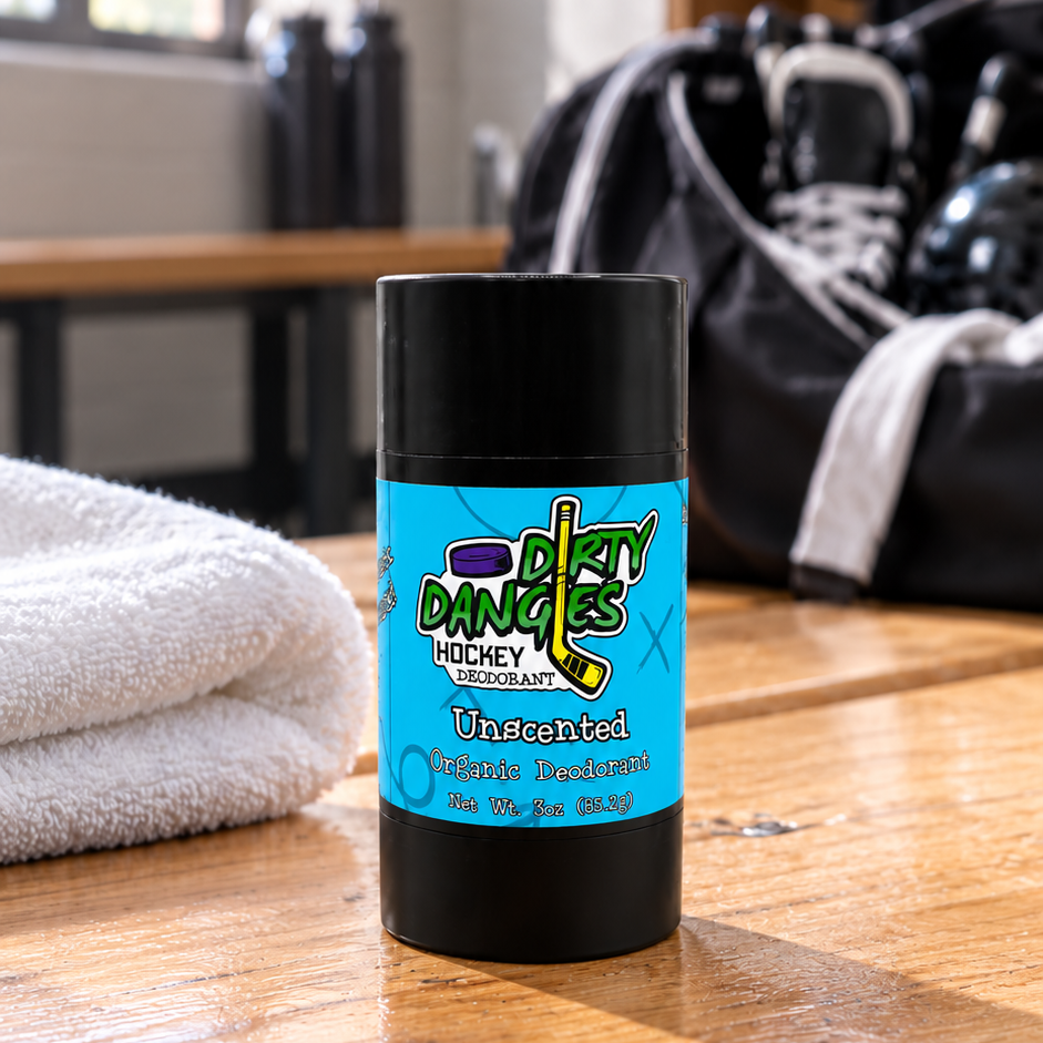 fragrance free aluminum-free deodorant Unscented on a bench in a hockey locker room. Dirty Dangles