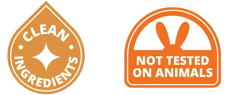 Icons for no added synthetic chemicals, not tested on animals, dermatologically tested, vegan