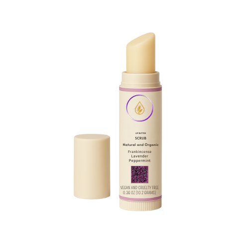 Original full-size Lip Butter Scrub with lavender, peppermint, frankincense, and zinc oxide by AJ’s EO Infusions – natural exfoliating lip care for hydration, healing, and protection.