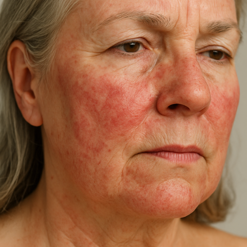 Close-up of senior woman's irritated and red face.