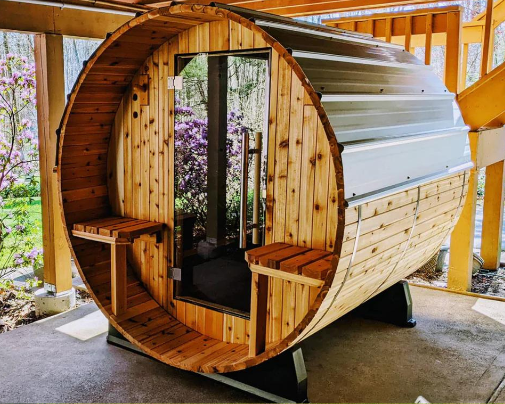 aAbarrell sauna with glass door