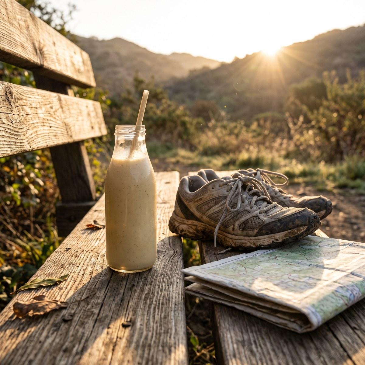 Astragalus smoothie and trail shoes on a mountain bench at sunrise