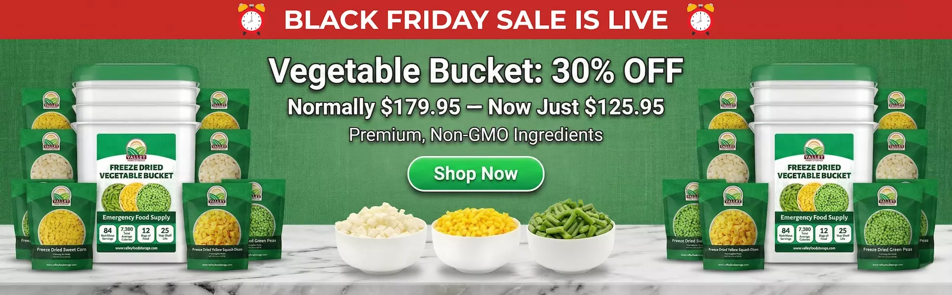 Valley Food Storage Freeze-Dried Vegetable Bucket with assorted prepared vegetable servings displayed in a Black Friday promotion banner.