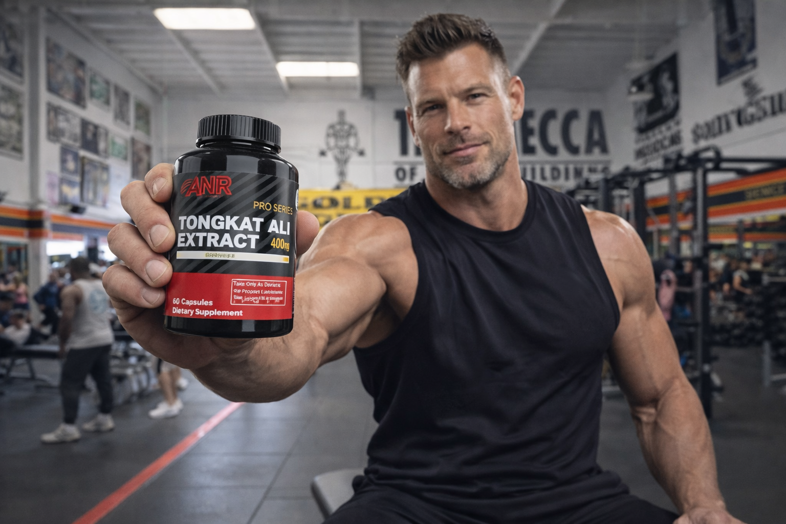 A muscular middle-aged man who uses Adaptophen to boost free testosterone levels