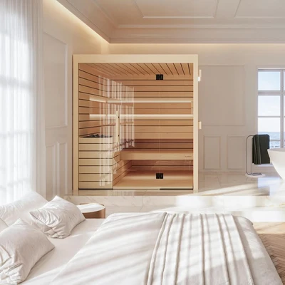 Indoor sauna integrated into a bright modern home wellness space