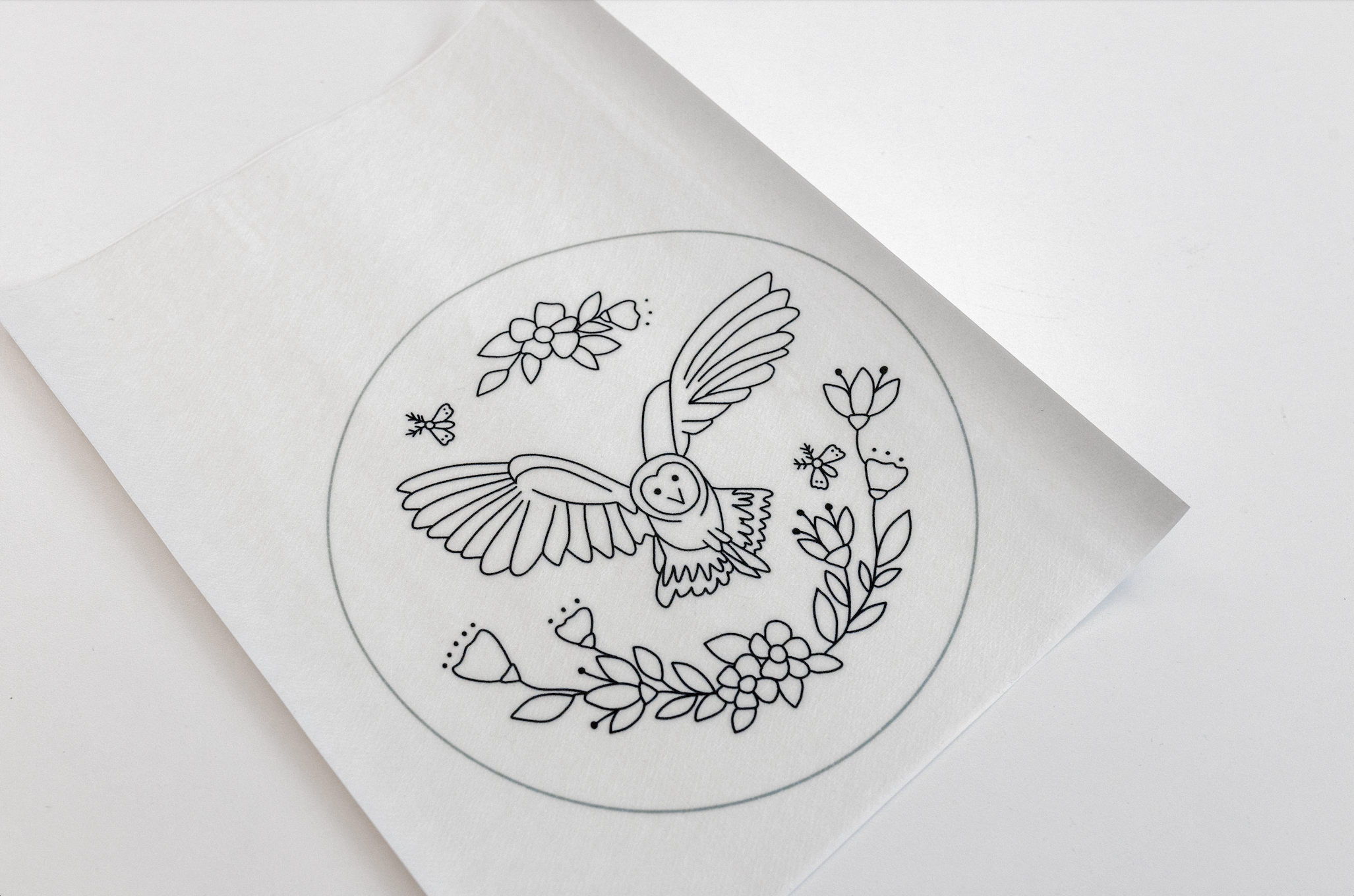 The Night Owl pattern is printed on a sheet of water-soluble stabiliser.