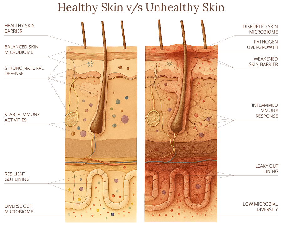 Side-by-side cross-sectional comparison of healthy and unhealthy skin and gut. The healthy side shows a strong skin barrier, balanced skin microbiome, natural immune defense, stable immune activity, resilient gut lining, and diverse gut microbiome. The unhealthy side highlights a disrupted skin microbiome, pathogen overgrowth, weakened skin barrier, inflamed immune response, leaky gut lining, and low microbial diversity.