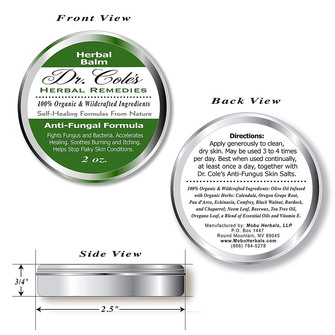 Dr. Cole's Anti Fungal Balm front, back and side views