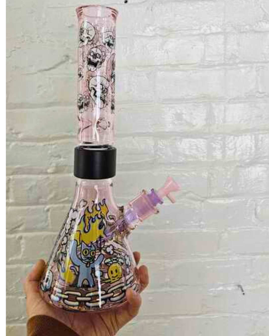A custom Pink Lemonade Prism Beaker Bong Single Stack from our 3D custom builder. This setup features a contrasting 666 Cat graphic wrap on the pink beaker base and a matching white Skull wrap on the pink mouthpiece, demonstrating how easy it is to mix and match themes for a unique piece.